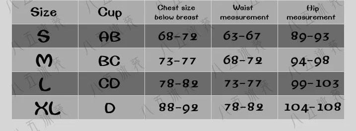 size chart for the Front view of sexy two-piece bikini swimsuit for women 