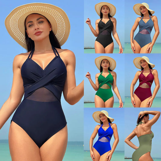 Front view of solid color sexy one-piece swimsuit for women