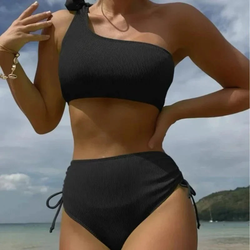 Front view of strapless bikini with knot tie top and side-tie bottoms  blue style  Black style 