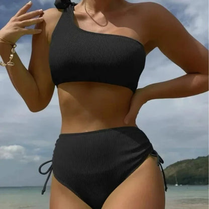 Front view of strapless bikini with knot tie top and side-tie bottoms  blue style  Black style 