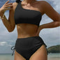 Front view of strapless bikini with knot tie top and side-tie bottoms  blue style  Black style 