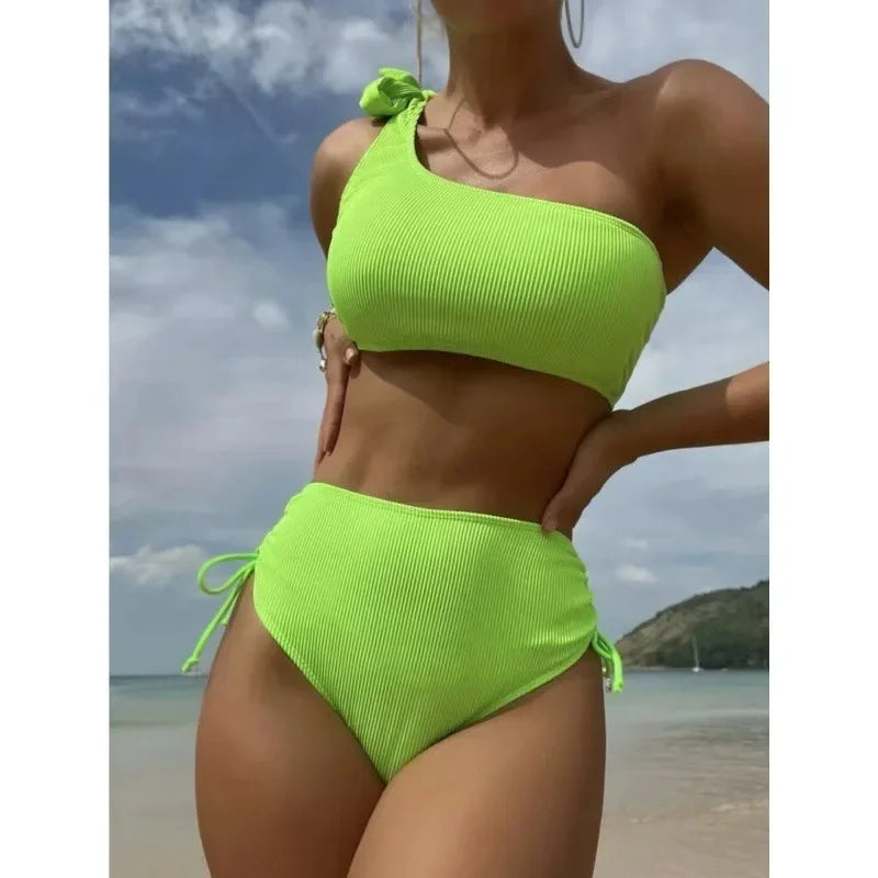 Front view of strapless bikini with knot tie top and side-tie bottoms  Green style  