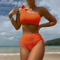 Model wearing lilac strapless knot bikini set  orange style 