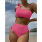 Front view of strapless bikini with knot tie top and side-tie bottoms  blue style  Pink style 