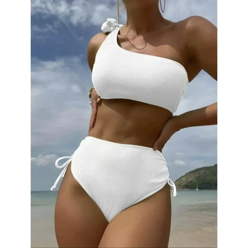 Front view of strapless bikini with knot tie top and side-tie bottoms  white style  