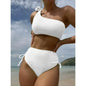 Front view of strapless bikini with knot tie top and side-tie bottoms  white style  