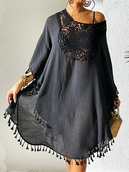 Stylish embroidered fringe tassel long beach cover-up
 black style 