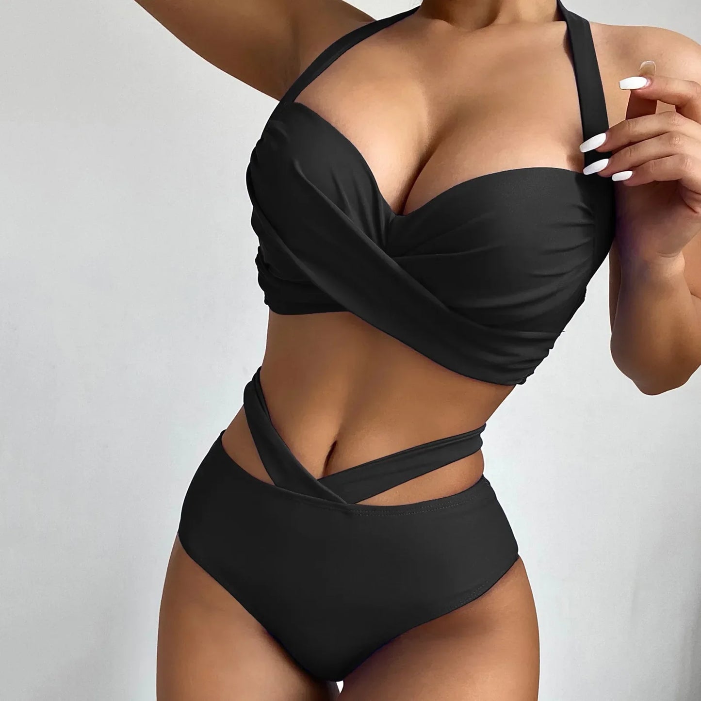 Front view of Women's Summer Breeze 2-Piece Bikini Set with push-up triangle top black 