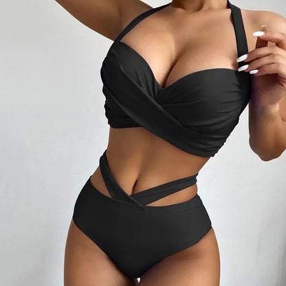 Front view of Women's Summer Breeze 2-Piece Bikini Set with push-up triangle top black 