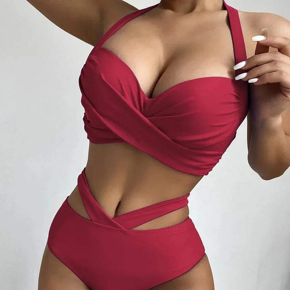 Summer Breeze Bikini Set styled with a kimono cover-up for beach chic rose red 