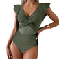 Flat lay of summer ruffled one-piece swimsuit
