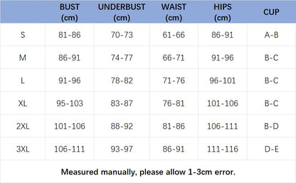 the size chart for the floral print bikini with spaghetti straps and low-rise bottoms