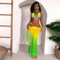 Model wearing Women's Tropical Trio Swimsuit Set on a tropical beach
