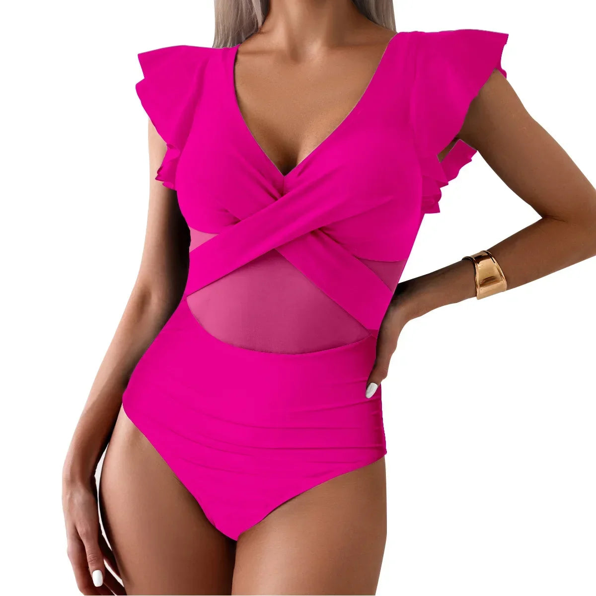 Side view of ruched one-piece swimsuit with tummy control