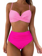 Flat lay of mix-and-match bikini tops and bottoms in unique Pink colors combinations 