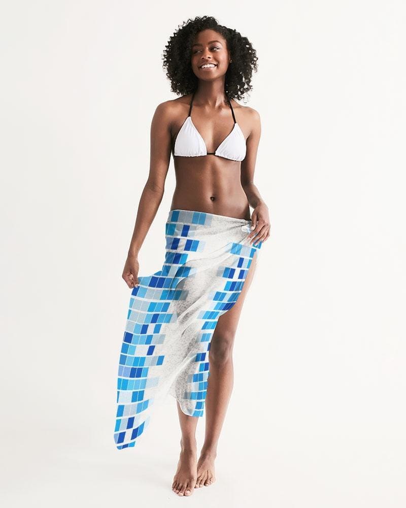 Sheer Mosaic Squares Blue And White Swimsuit Cover Up-2