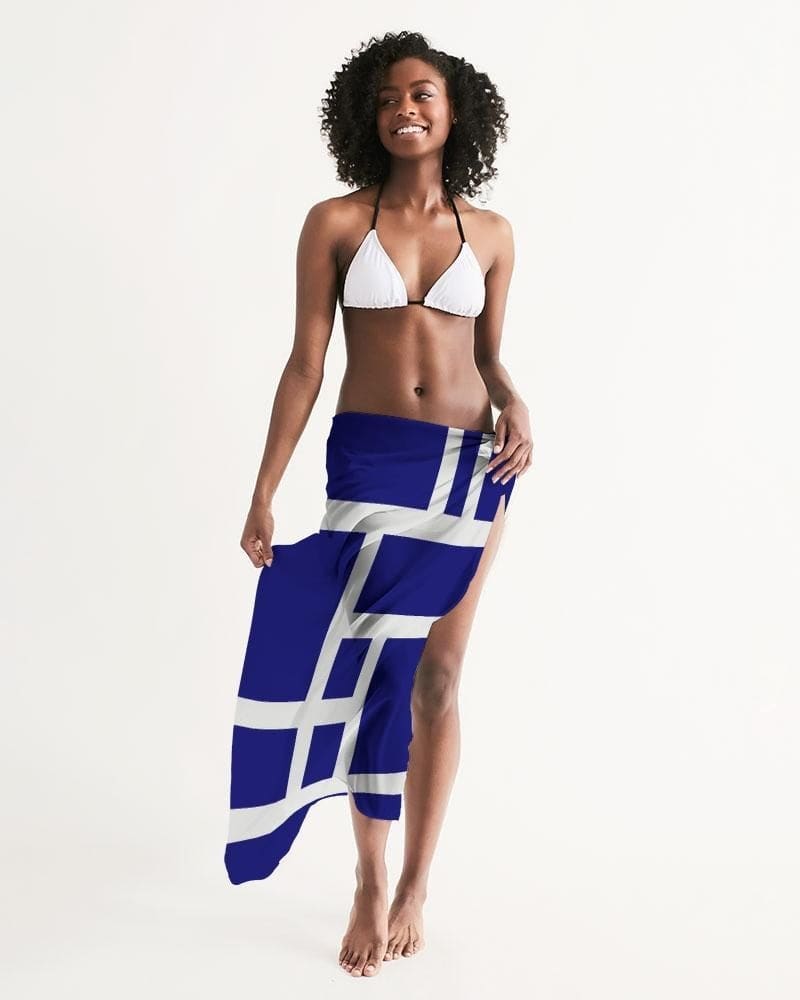 Sheer Sarong Swimsuit Cover Up Wrap / Geometric Dark Blue And White-2