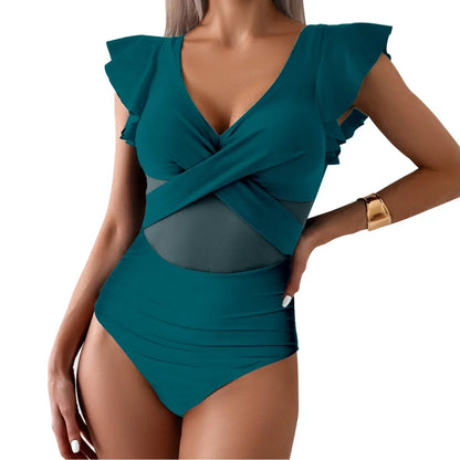 V-neck one-piece swimsuit with ruffle sleeves – front view
