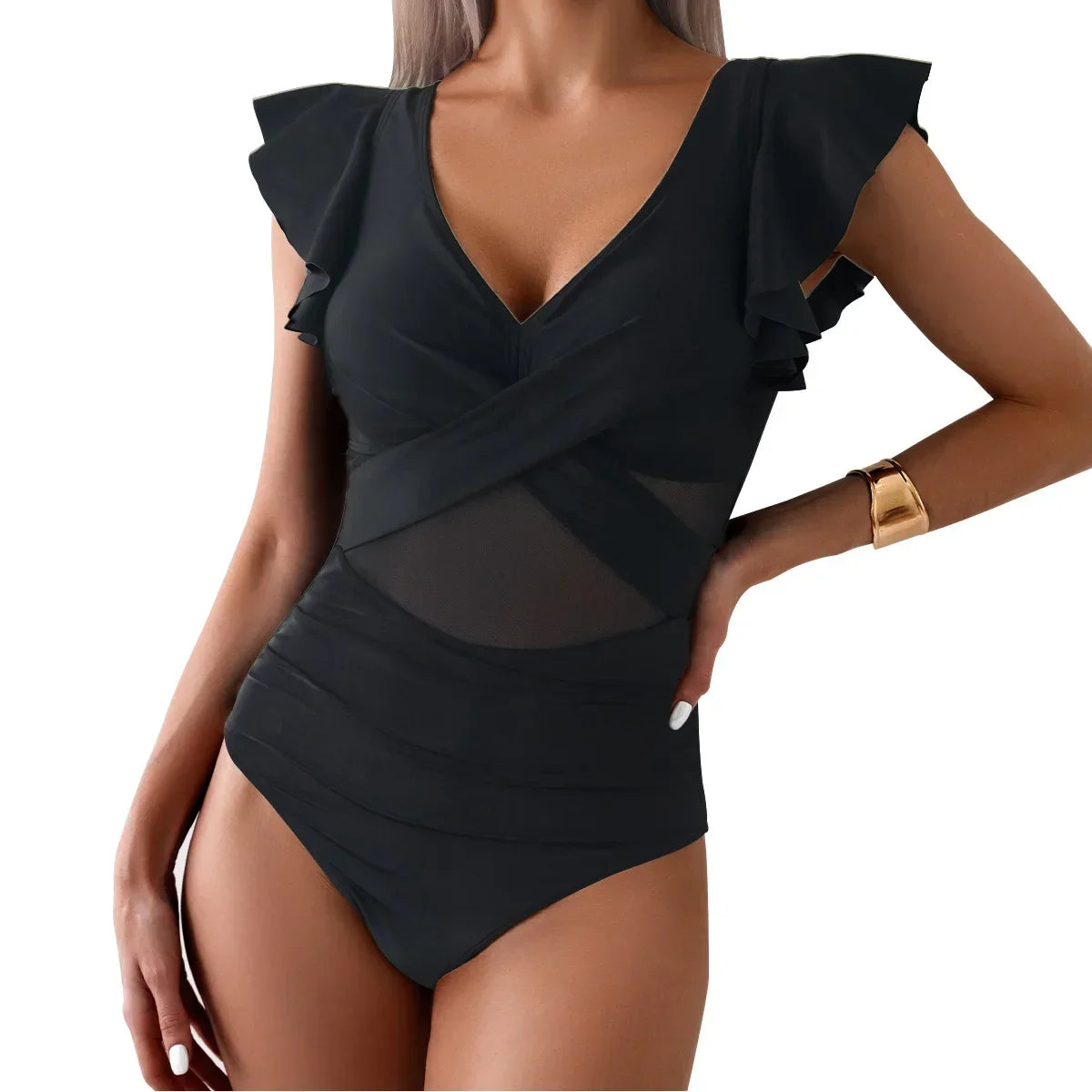 Vacation-ready one-piece with ruffle sleeves and tummy control