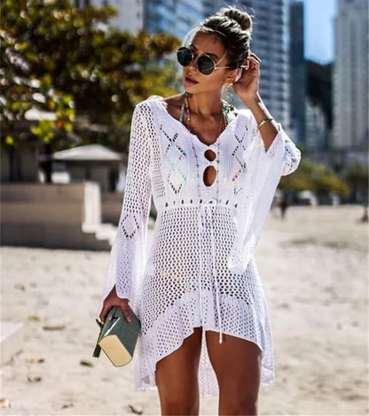 White knitted mesh beach dress women’s solid swimsuit cover-up