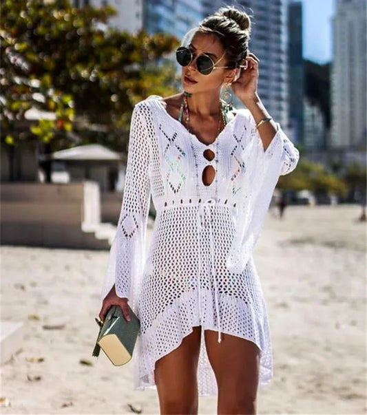 White knitted mesh beach dress women’s solid swimsuit cover-up