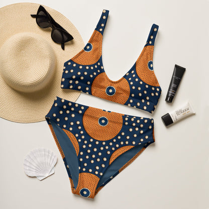 Dark Blue and Orange  Vintage  High-Waisted Two Piece Swimwear for Women-2