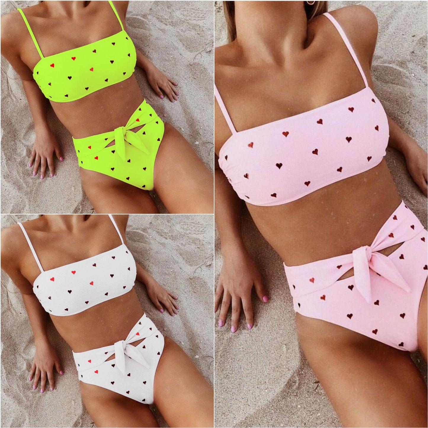 New Two Piece Love Bowknot Belt Solid High Waist Bikini Swimming Suit  Sexy Swimwear Women Swimsuit Cute  Bathing Suit Beachwear