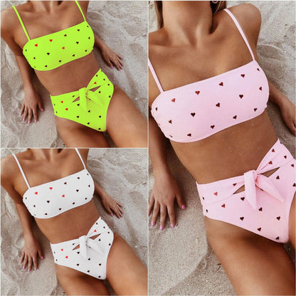 New Two Piece Love Bowknot Belt Solid High Waist Bikini Swimming Suit  Sexy Swimwear Women Swimsuit Cute  Bathing Suit Beachwear