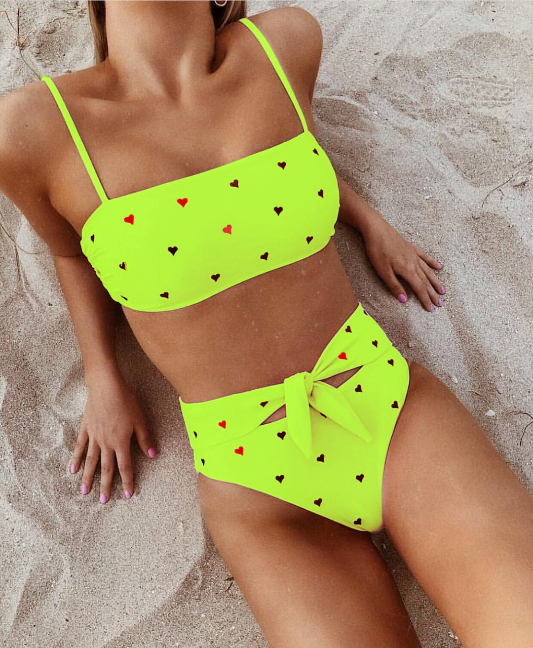 New Two Piece Love Bowknot Belt Solid High Waist Bikini Swimming Suit  Sexy Swimwear Women Swimsuit Cute  Bathing Suit Beachwear