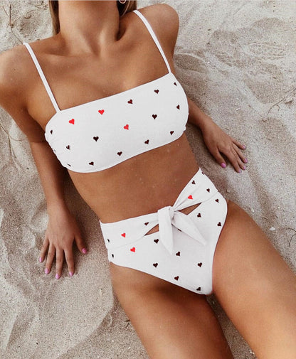 New Two Piece Love Bowknot Belt Solid High Waist Bikini Swimming Suit  Sexy Swimwear Women Swimsuit Cute  Bathing Suit Beachwear