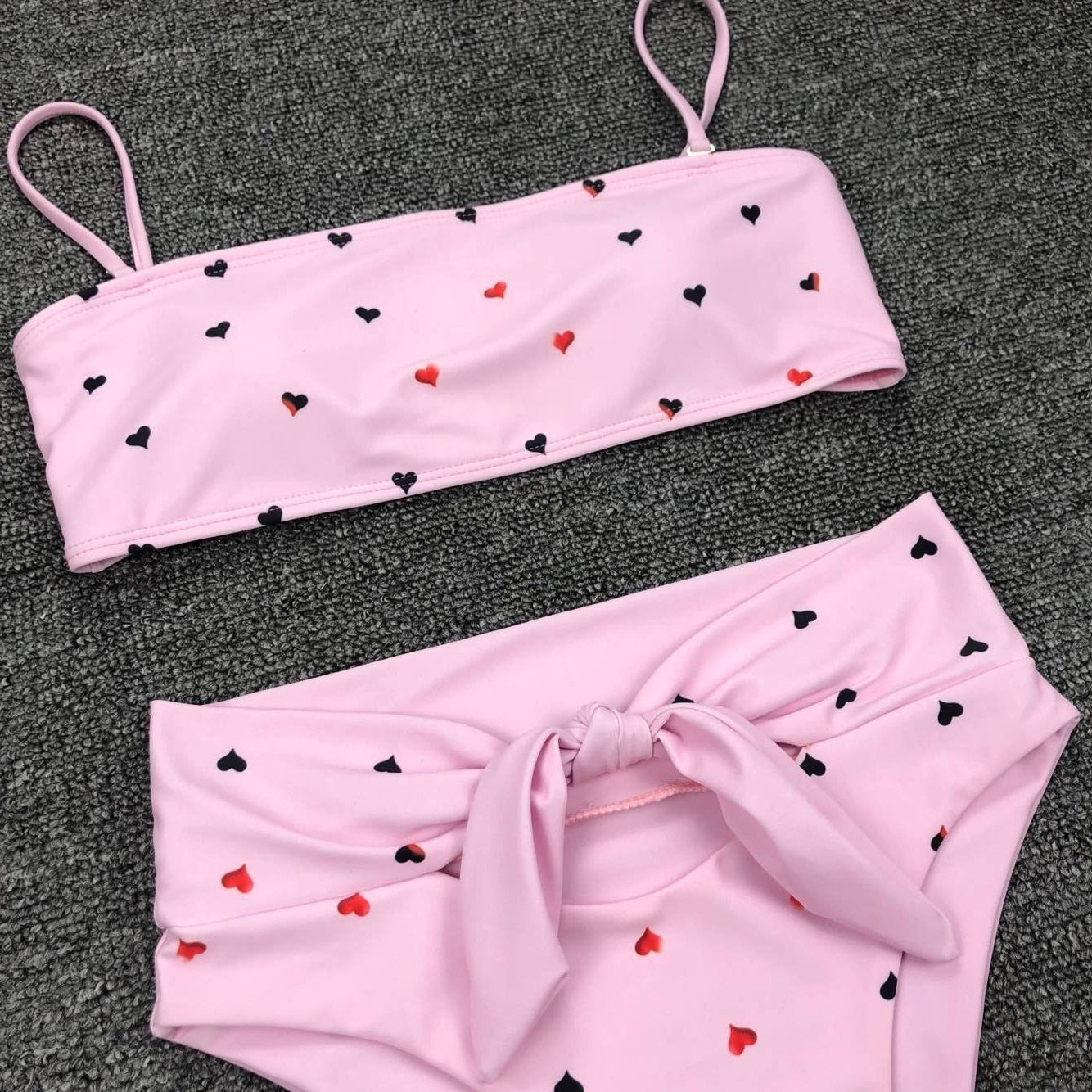 New Two Piece Love Bowknot Belt Solid High Waist Bikini Swimming Suit  Sexy Swimwear Women Swimsuit Cute  Bathing Suit Beachwear