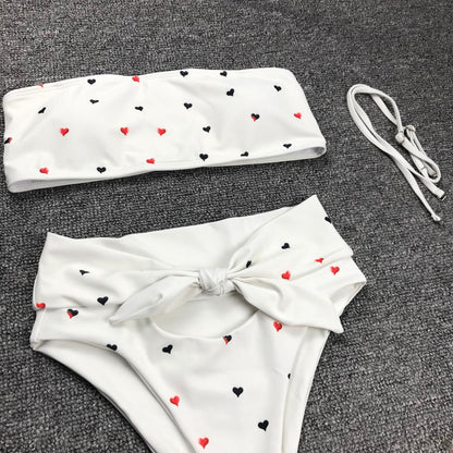 New Two Piece Love Bowknot Belt Solid High Waist Bikini Swimming Suit  Sexy Swimwear Women Swimsuit Cute  Bathing Suit Beachwear