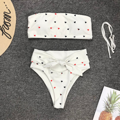 New Two Piece Love Bowknot Belt Solid High Waist Bikini Swimming Suit  Sexy Swimwear Women Swimsuit Cute  Bathing Suit Beachwear