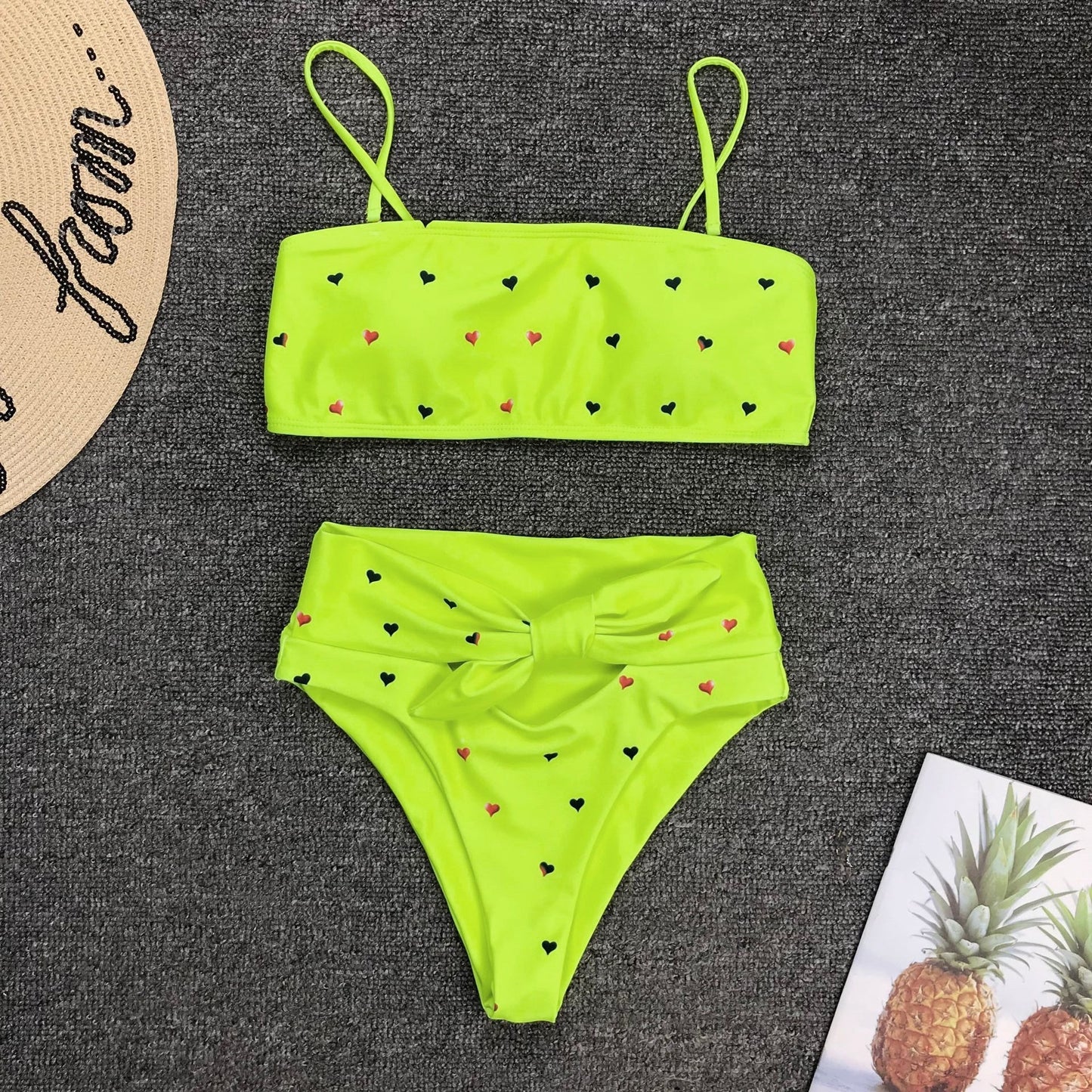 New Two Piece Love Bowknot Belt Solid High Waist Bikini Swimming Suit  Sexy Swimwear Women Swimsuit Cute  Bathing Suit Beachwear