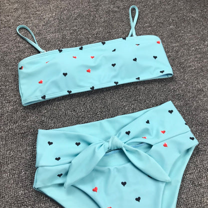 New Two Piece Love Bowknot Belt Solid High Waist Bikini Swimming Suit  Sexy Swimwear Women Swimsuit Cute  Bathing Suit Beachwear