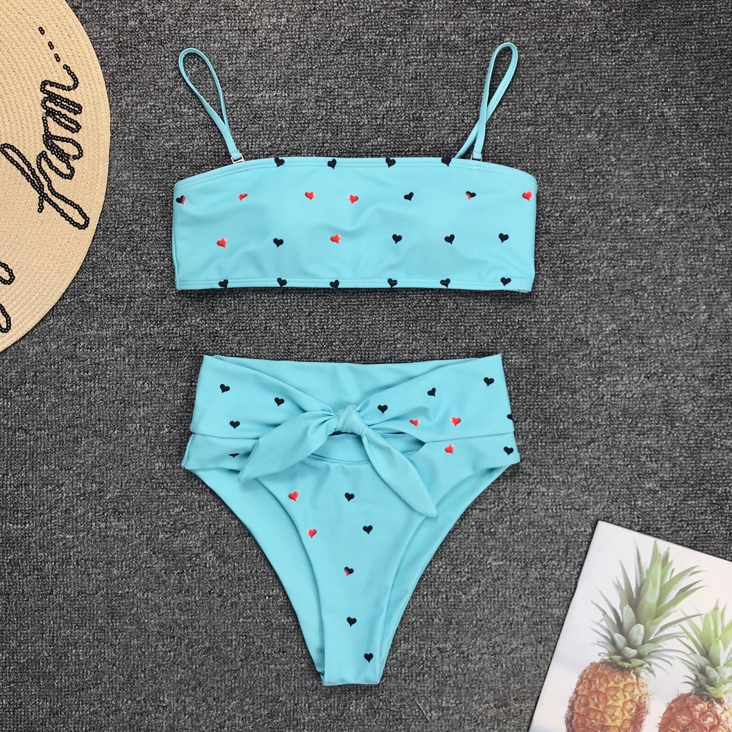 New Two Piece Love Bowknot Belt Solid High Waist Bikini Swimming Suit  Sexy Swimwear Women Swimsuit Cute  Bathing Suit Beachwear