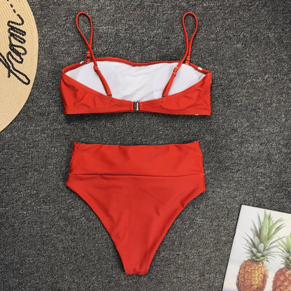 New Two Piece Love Bowknot Belt Solid High Waist Bikini Swimming Suit  Sexy Swimwear Women Swimsuit Cute  Bathing Suit Beachwear