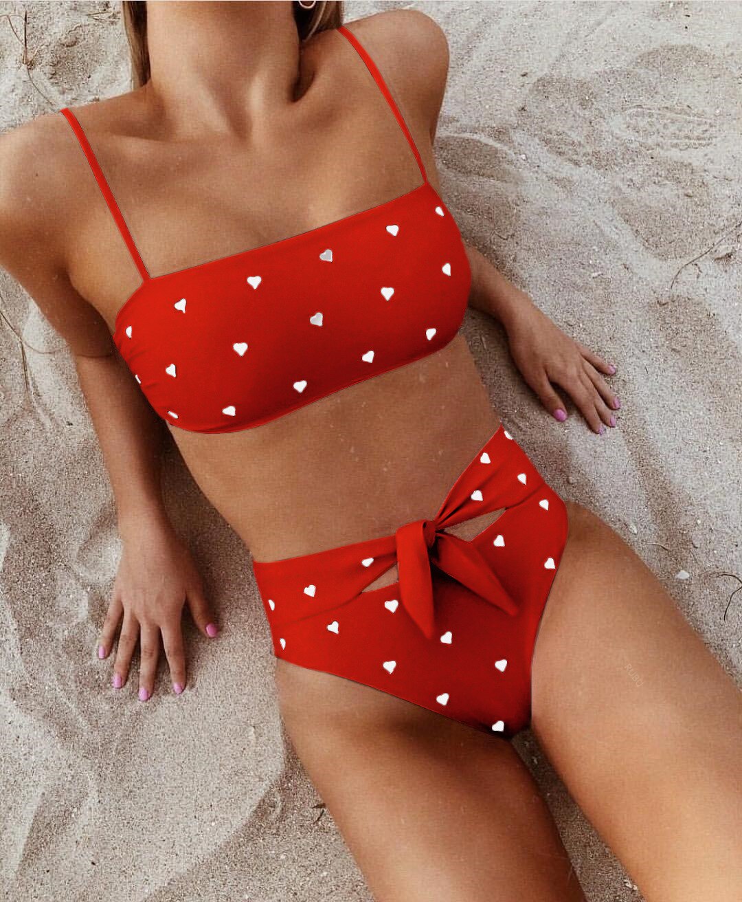 New Two Piece Love Bowknot Belt Solid High Waist Bikini Swimming Suit  Sexy Swimwear Women Swimsuit Cute  Bathing Suit Beachwear