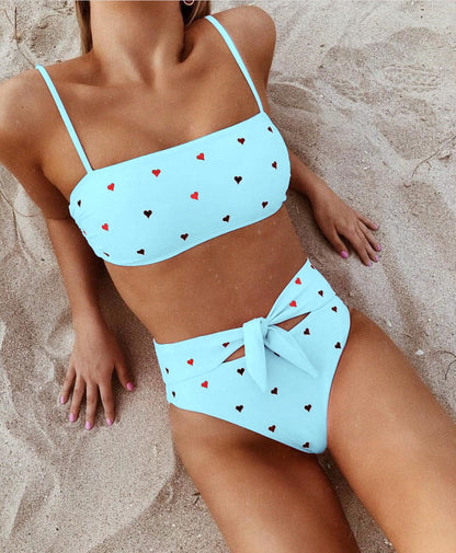 New Two Piece Love Bowknot Belt Solid High Waist Bikini Swimming Suit  Sexy Swimwear Women Swimsuit Cute  Bathing Suit Beachwear