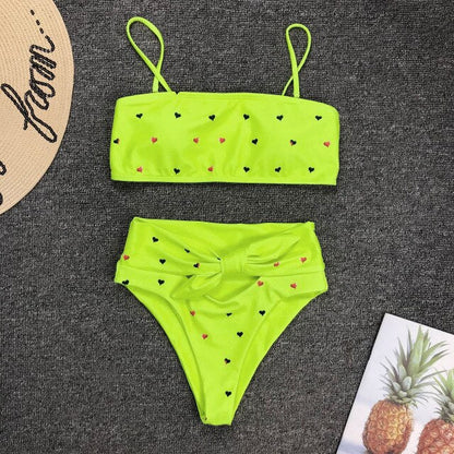 New Two Piece Love Bowknot Belt Solid High Waist Bikini Swimming Suit  Sexy Swimwear Women Swimsuit Cute  Bathing Suit Beachwear