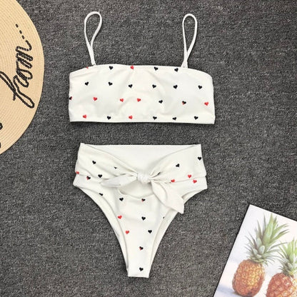 New Two Piece Love Bowknot Belt Solid High Waist Bikini Swimming Suit  Sexy Swimwear Women Swimsuit Cute  Bathing Suit Beachwear