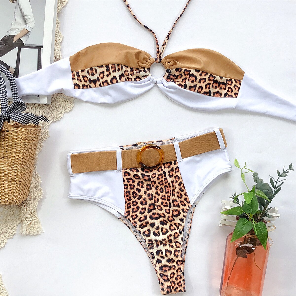 Sexy Leopard Bikinis Set Swimsuit Women Swimwear Halter Patchwork Biquini High Waist Beach Wear Belted Bathing Suit Tankini