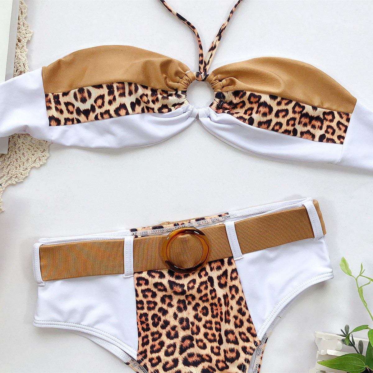 Sexy Leopard Bikinis Set Swimsuit Women Swimwear Halter Patchwork Biquini High Waist Beach Wear Belted Bathing Suit Tankini