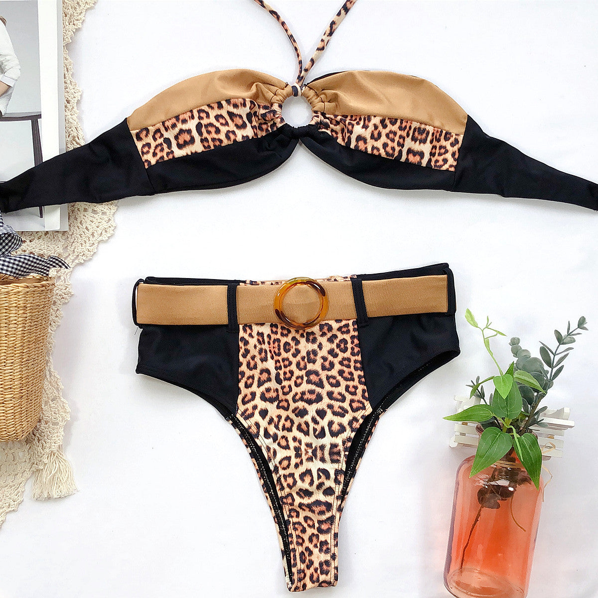 Sexy Leopard Bikinis Set Swimsuit Women Swimwear Halter Patchwork Biquini High Waist Beach Wear Belted Bathing Suit Tankini