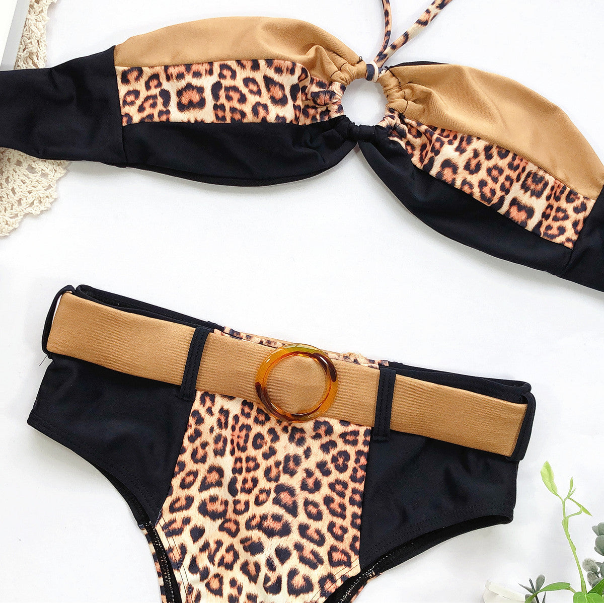Sexy Leopard Bikinis Set Swimsuit Women Swimwear Halter Patchwork Biquini High Waist Beach Wear Belted Bathing Suit Tankini