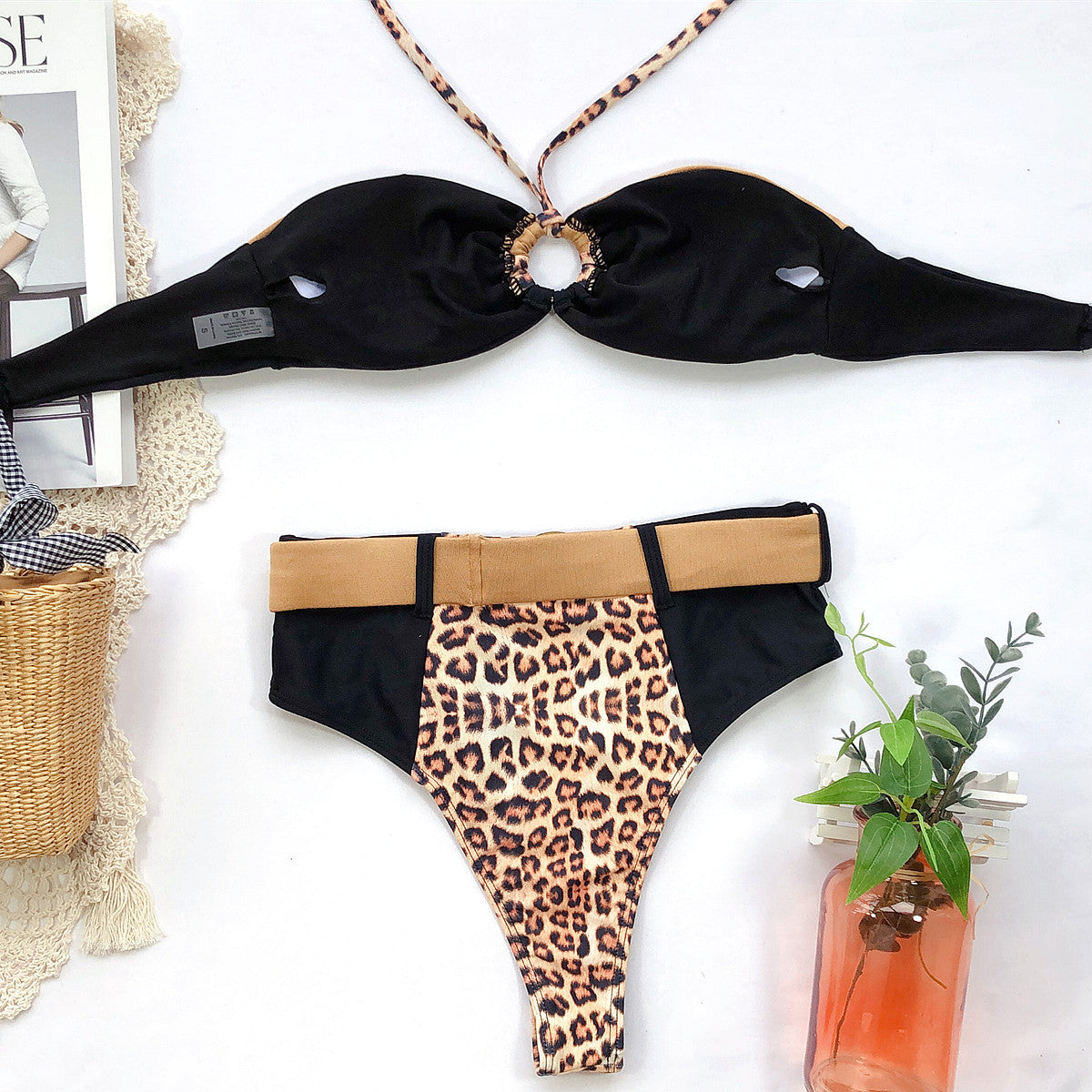 Sexy Leopard Bikinis Set Swimsuit Women Swimwear Halter Patchwork Biquini High Waist Beach Wear Belted Bathing Suit Tankini