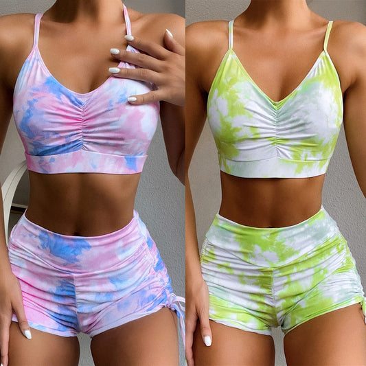 Swimsuit Bikini Women's Two Pieces Swimwear Tie Dye Print Summer Yoga Set Padded Bra and Side Lace Up Shorts Crop Top