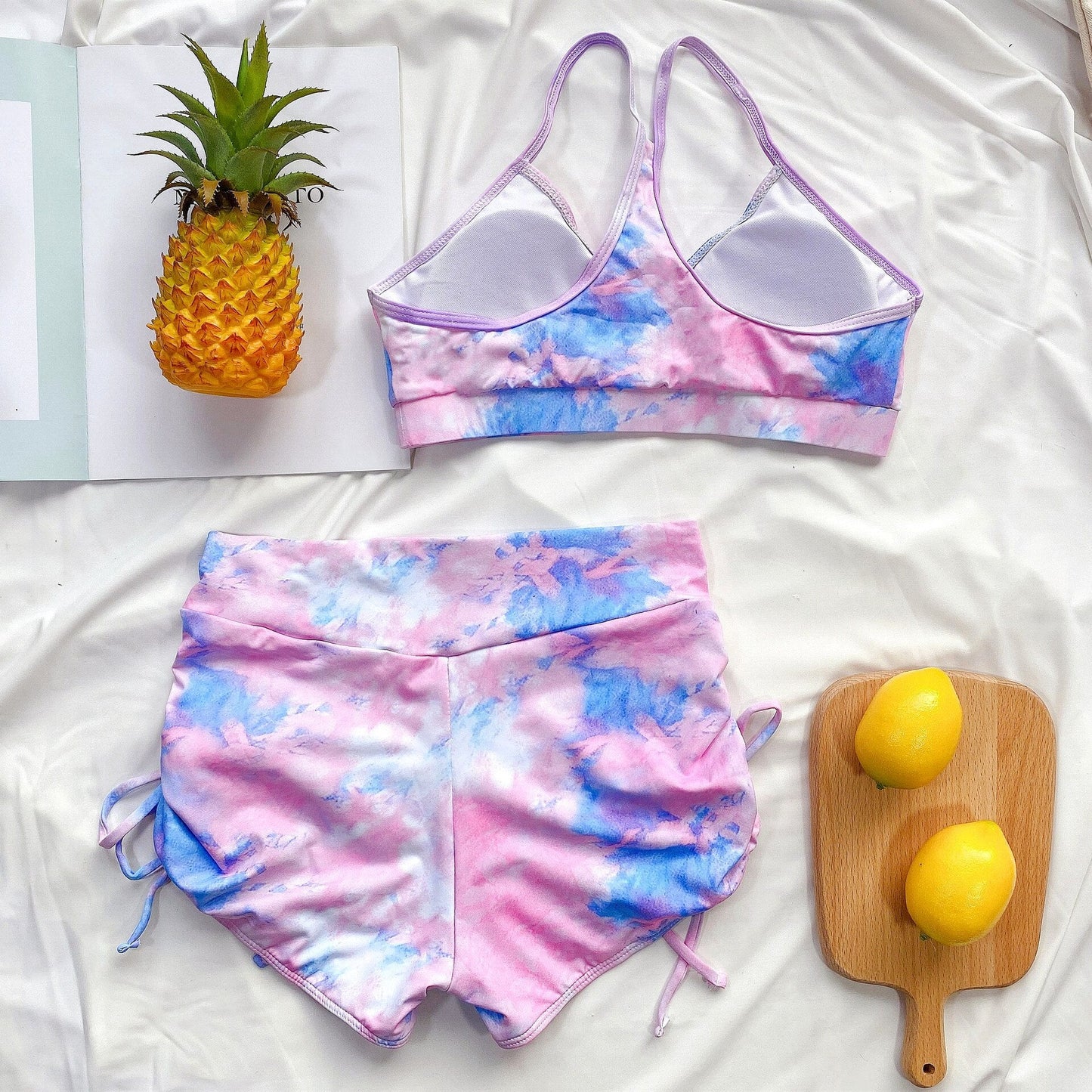 Swimsuit Bikini Women's Two Pieces Swimwear Tie Dye Print Summer Yoga Set Padded Bra and Side Lace Up Shorts Crop Top
