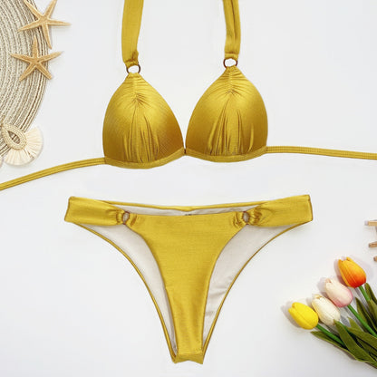 Solid Swimwear Sexy Bikini Set Women's Swimming Suit Gold Halter Swimsuit Two Piece Beachwear Brazilian Bikini