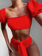 Red Pink two piece high waist bikini set Women bow tie swimwear bathing suit Puff sleeve swimsuit female Sexy beach biquini
